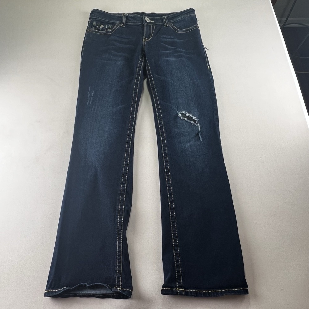True Religion Joey Flare Jeans Dark Wash Distressed Contrast Stitch Blue Womens